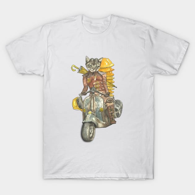 Steampunk Yellow Umbrella Cat Riding Motorcycle T-Shirt by FelisSimha